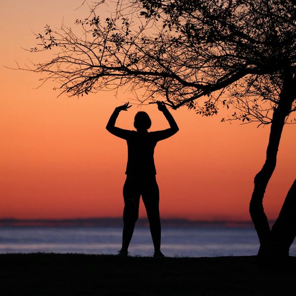 Silhouette of a person in a yoga tree pose against a sunset.
